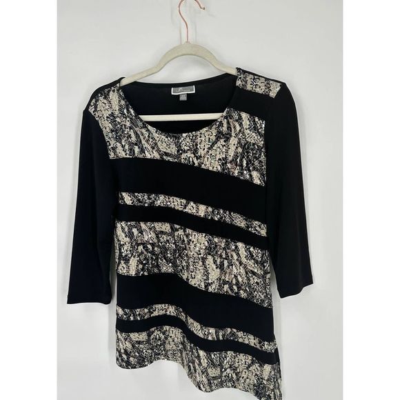JM Collection Petite Black/Silver Splice Embellished Asymmetrical Top Small - Picture 9 of 10